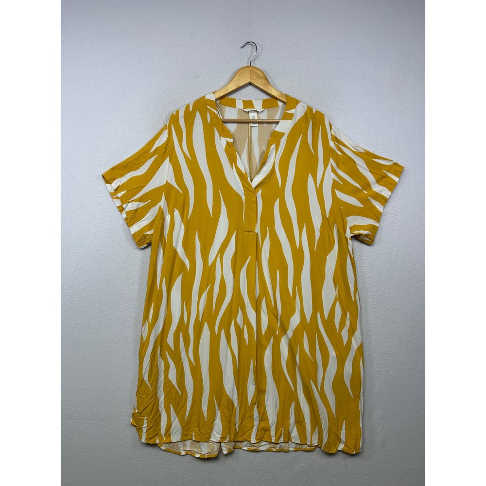 Boho Animal Print H&M Women XL Yellow White Abstract Zebra Tunic Blouse Safari